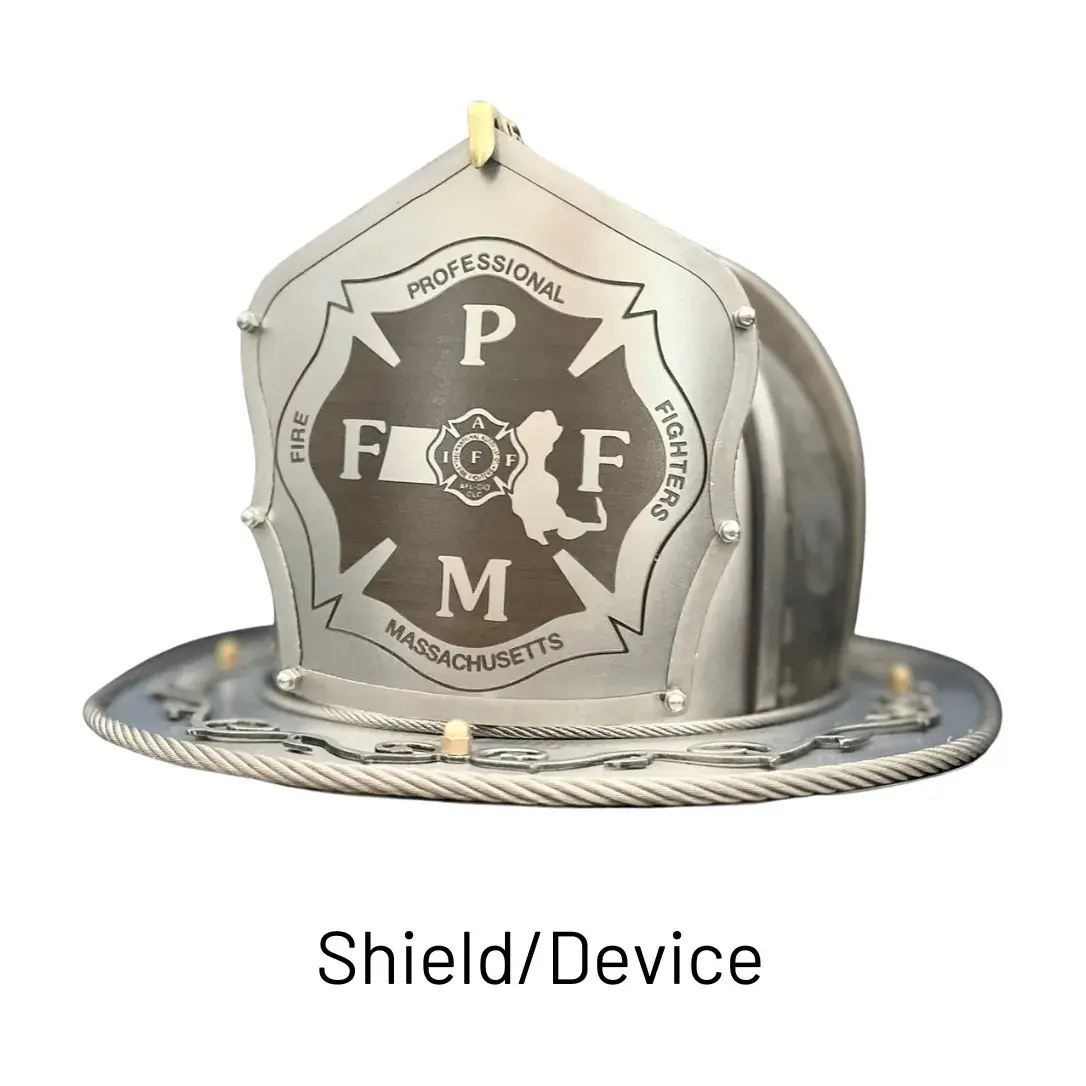 Custom image engraved on the Shield / Device of a steel firefighter helmet by Torched Steel