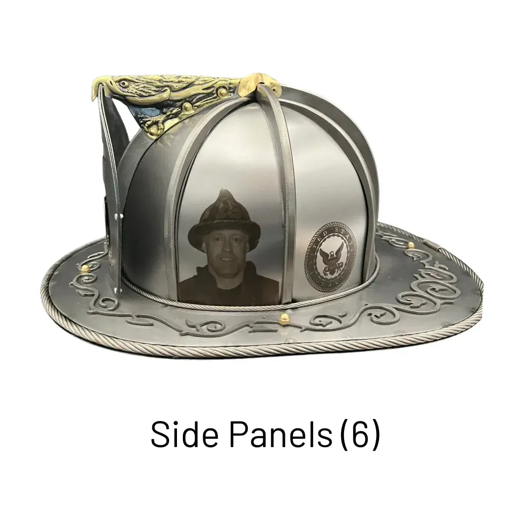 Custom image engraved on the Side Panels (6) of a steel firefighter helmet by Torched Steel