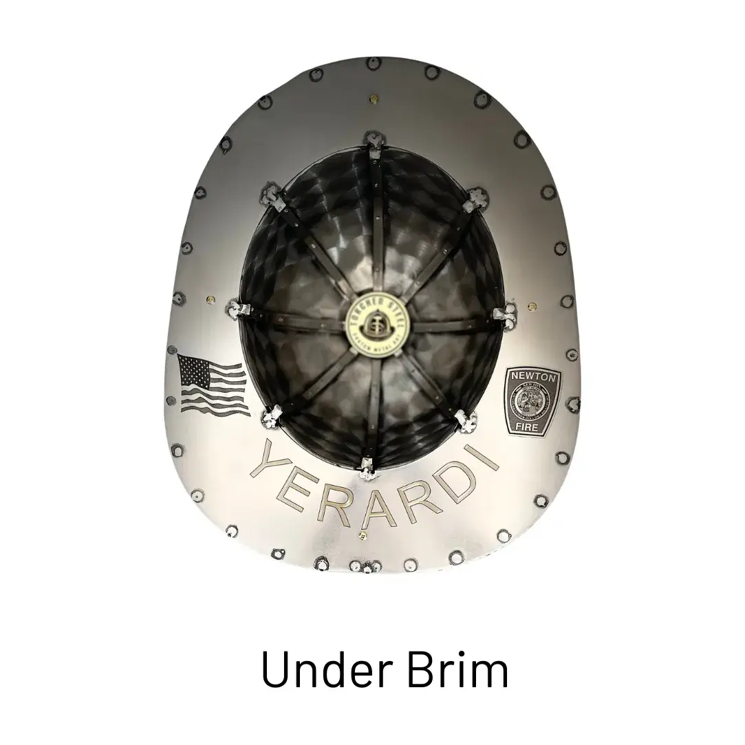 Custom image engraved on the Under the Brim of a steel firefighter helmet by Torched Steel