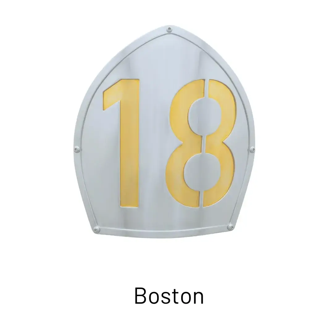 Boston shield style for a custom steel firefighter helmet by Torched Steel