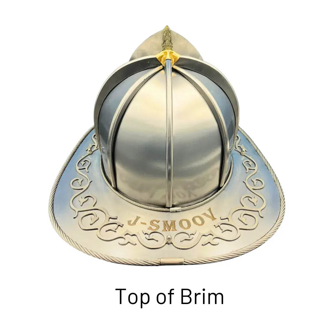 Custom text engraved on the Top of Brim of a steel firefighter helmet by Torched Steel