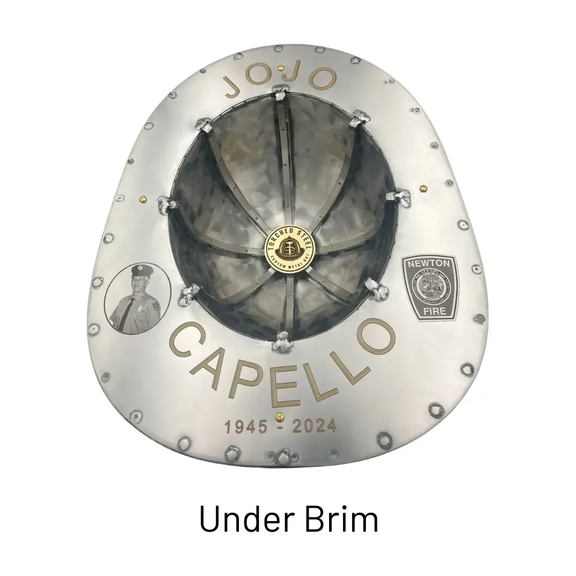 Custom text engraved on the Under the Brim of a steel firefighter helmet by Torched Steel